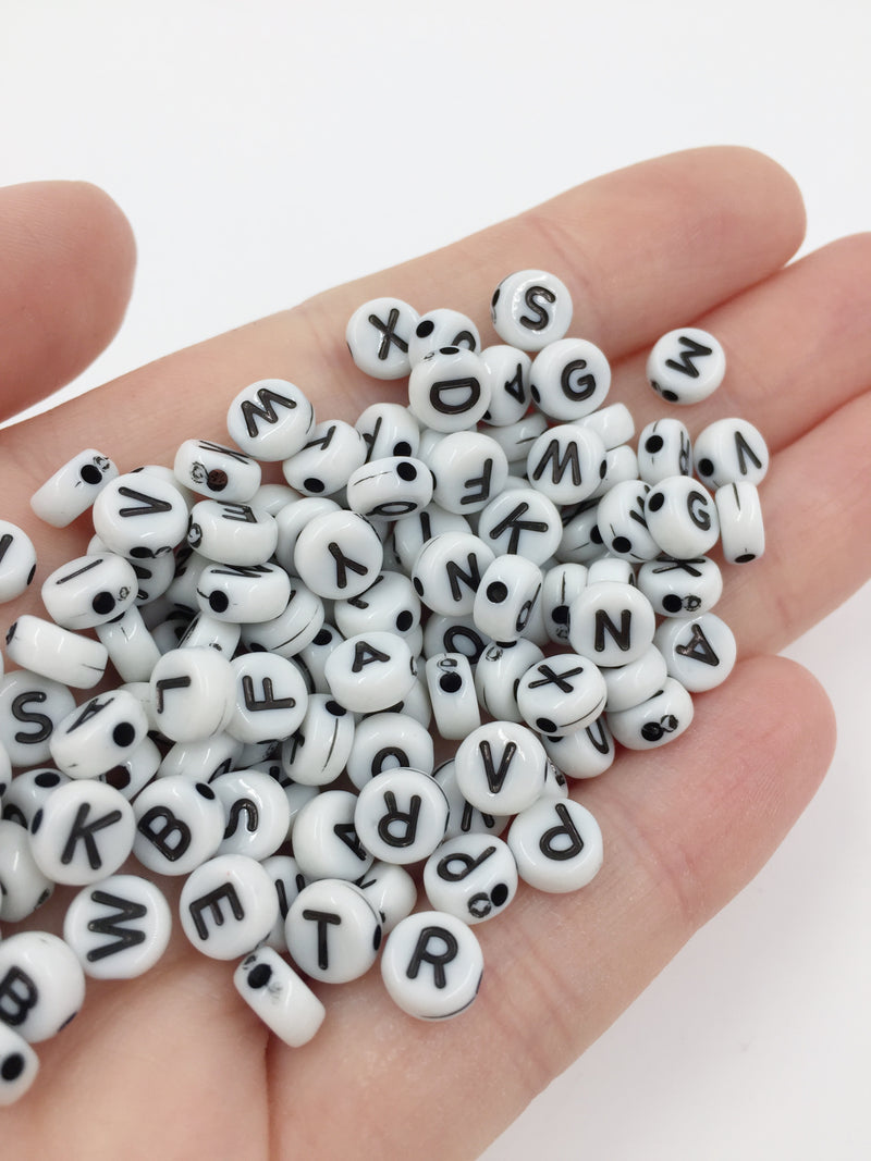 100 x Opaque Vintage White Alphabet Beads with Black Letters, 7mm (0923)