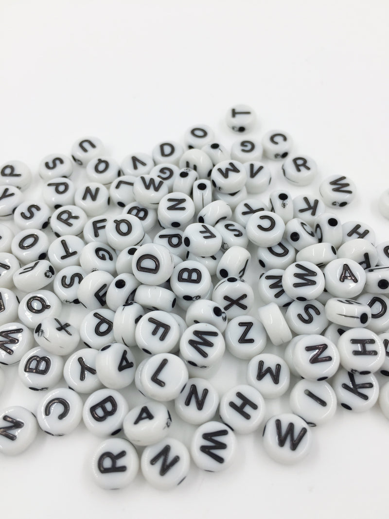 100 x Opaque Vintage White Alphabet Beads with Black Letters, 7mm (0923)