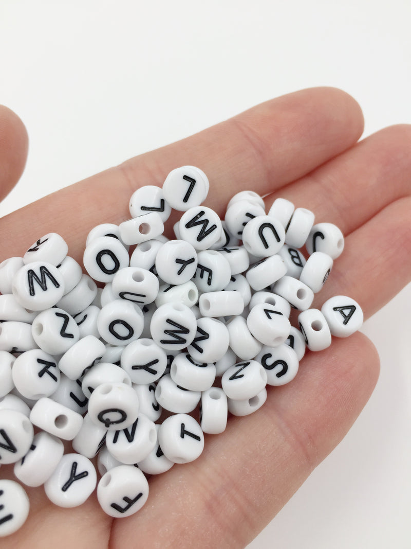 100 x Opaque White Alphabet Beads with Black Letters, 7mm (0915)