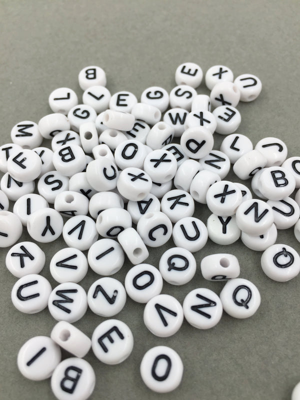 100 x Opaque White Alphabet Beads with Black Letters, 7mm (0915)