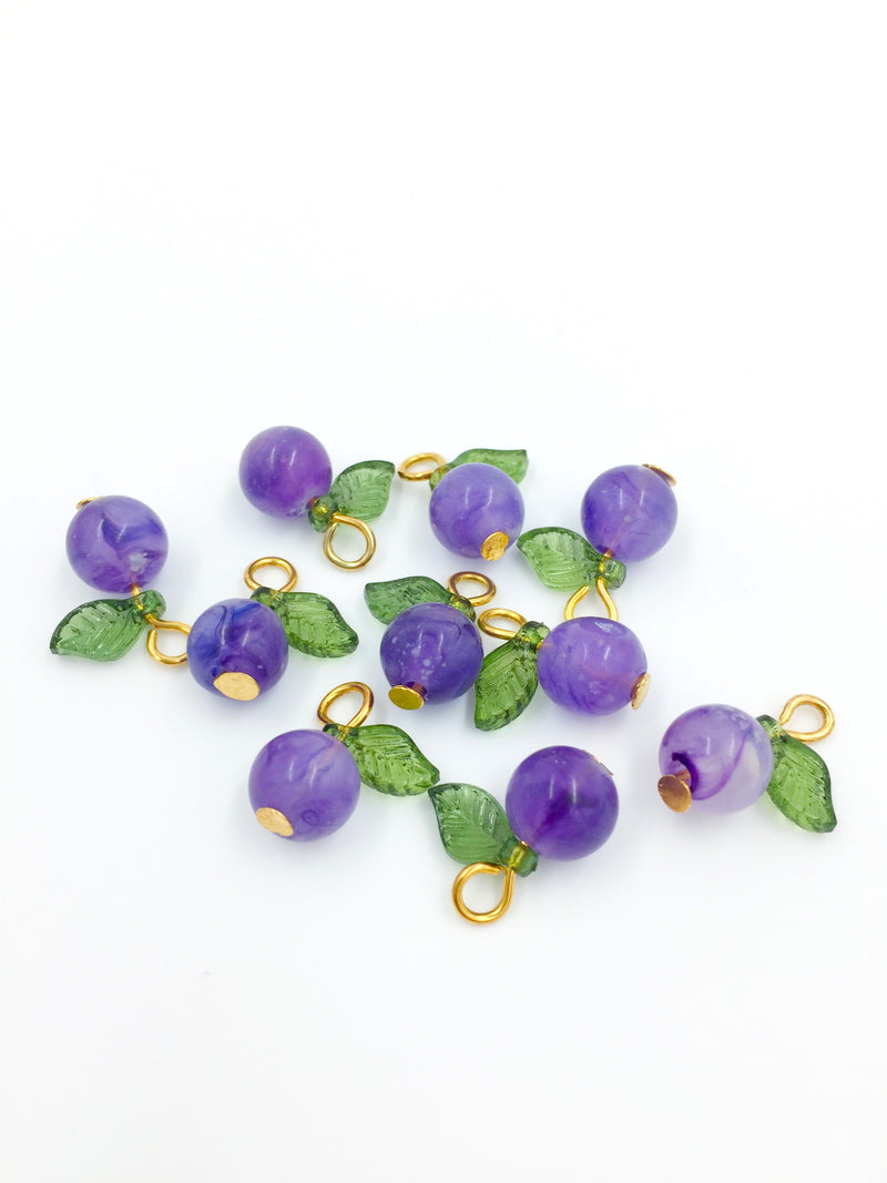 10 x Handmade Blueberry Charms with Gold Loops, 15x12mm (4060)