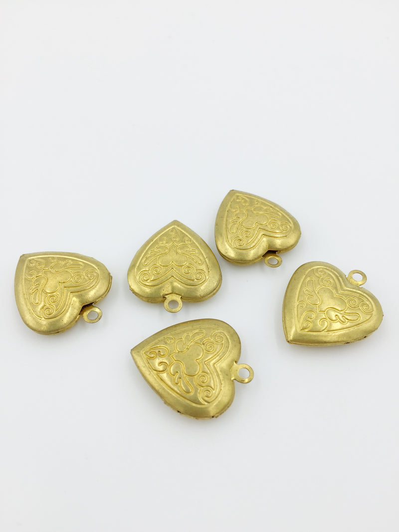 4 x Vintage Brass Heart Locket Pendants with Embossed Pattern, 19x22mm