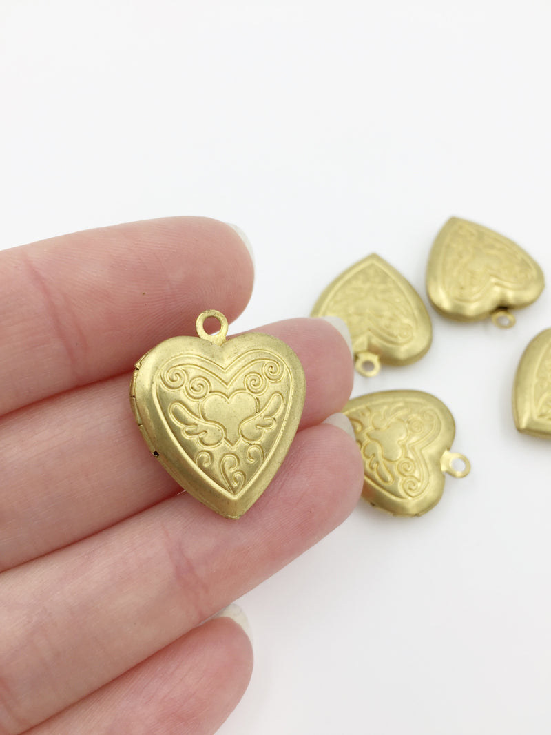 4 x Vintage Brass Heart Locket Pendants with Embossed Pattern, 19x22mm