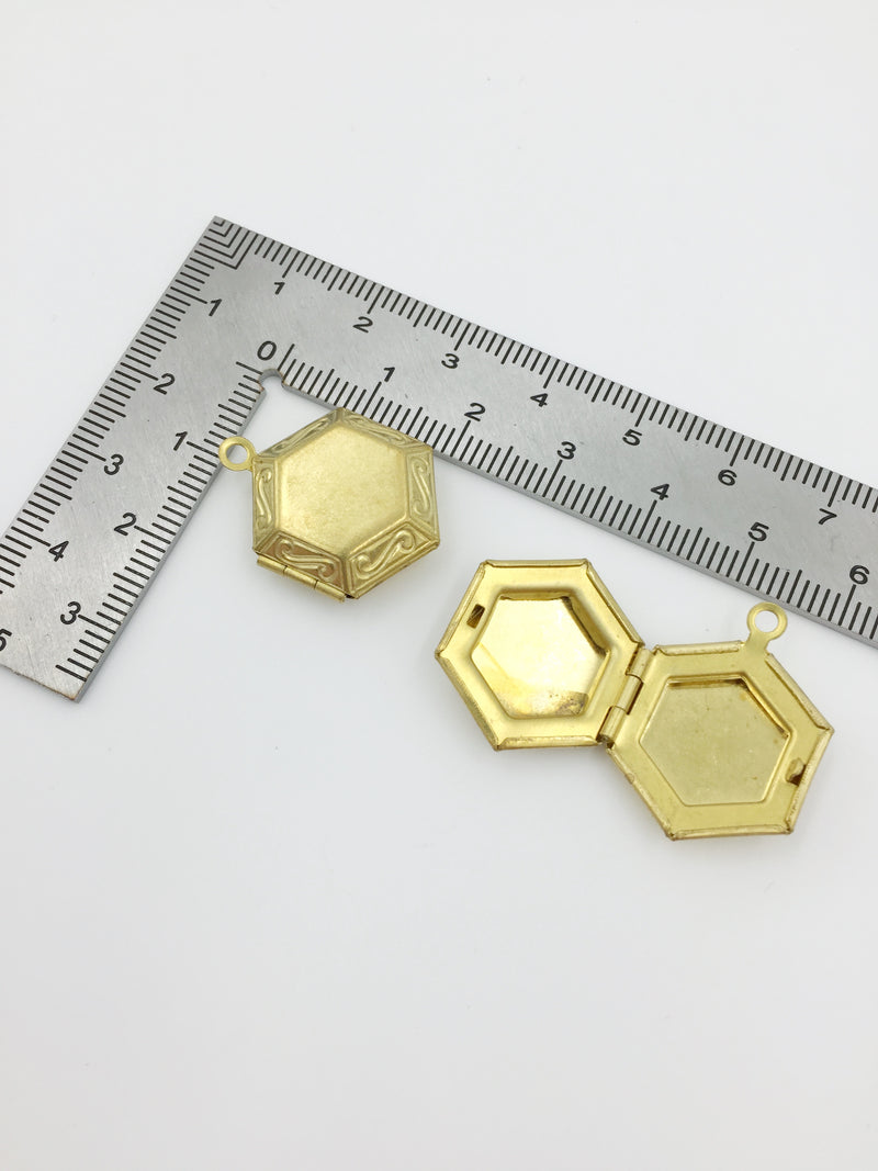 5 x Raw Brass Hexagon Locket Pendants with Embossed Pattern, 18x24mm