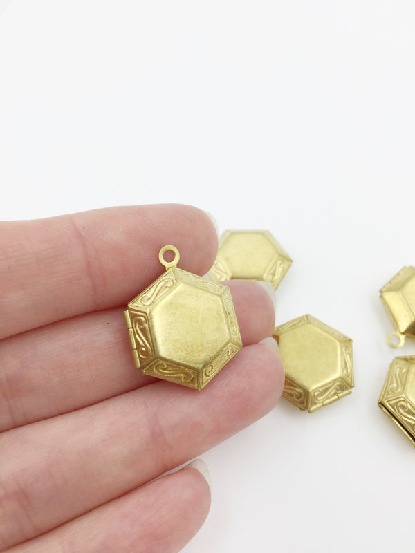 5 x Raw Brass Hexagon Locket Pendants with Embossed Pattern, 18x24mm