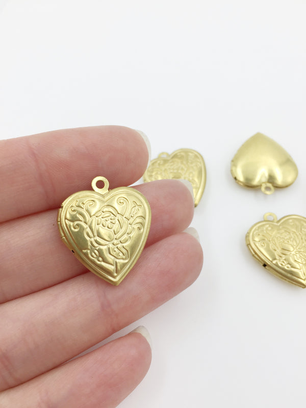 4 x Vintage Heart Locket Pendants with Embossed Rose Pattern, 19x22mm