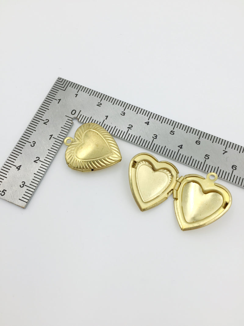 4 x Raw Brass Heart Locket Pendants with Ribbed Pattern, 19x22mm