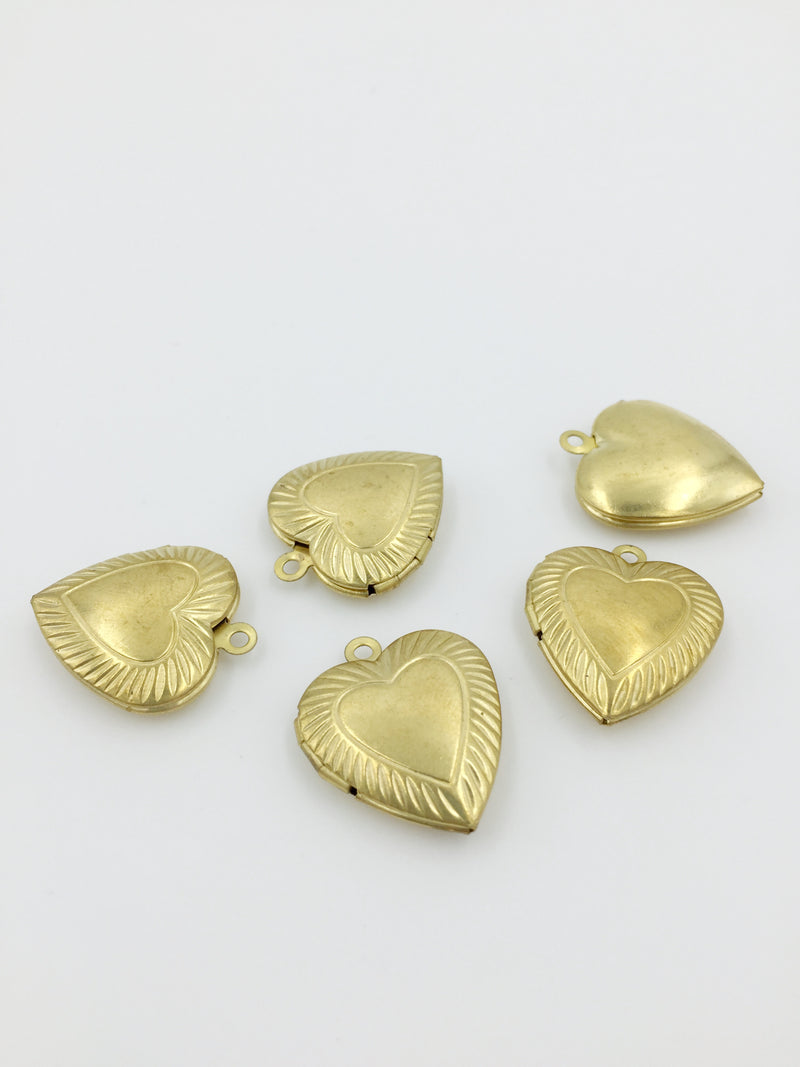 4 x Raw Brass Heart Locket Pendants with Ribbed Pattern, 19x22mm