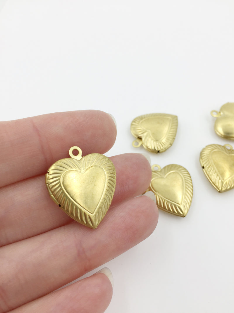 4 x Raw Brass Heart Locket Pendants with Ribbed Pattern, 19x22mm