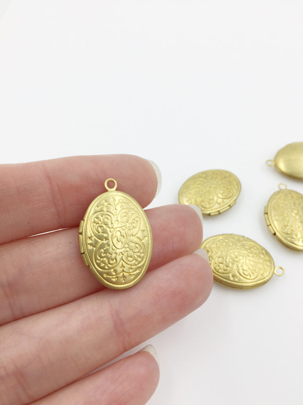 5 x Vintage Raw Brass Oval Locket Pendants with Embossed Floral Pattern, 16x24mm