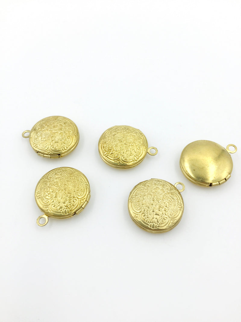 4 x Vintage Round Locket Pendants with Embossed Floral Pattern, 18x15mm