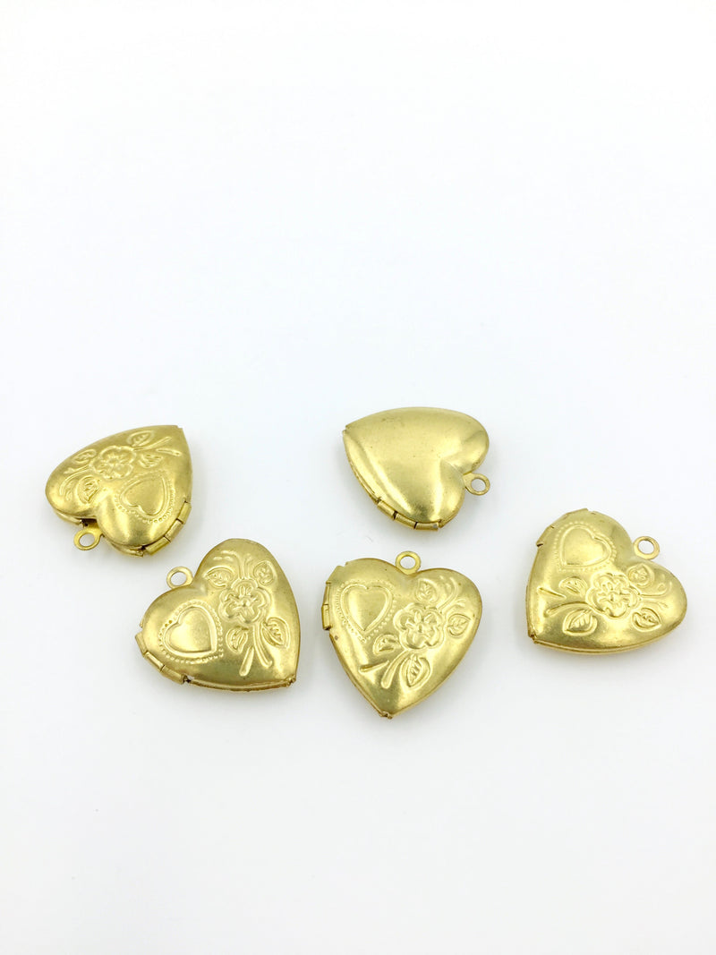 5 x Raw Brass Heart Locket Pendants with Embossed Floral Pattern, 17x15mm