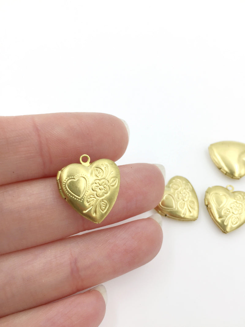 5 x Raw Brass Heart Locket Pendants with Embossed Floral Pattern, 17x15mm