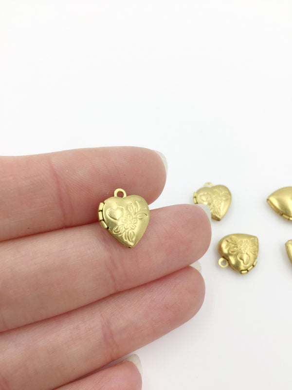 5 x Tiny Brass Heart Locket Pendants with Embossed Floral Pattern, 13x11mm