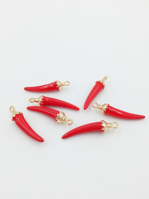 2 x Enamelled Red Chilli Pepper Charms with Gold Loops, 33x7mm