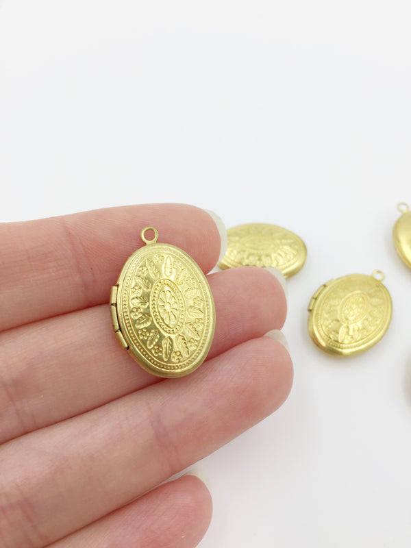 5 x Vintage Brass Oval Locket Pendants with Embossed Botanical Pattern, 16x24mm