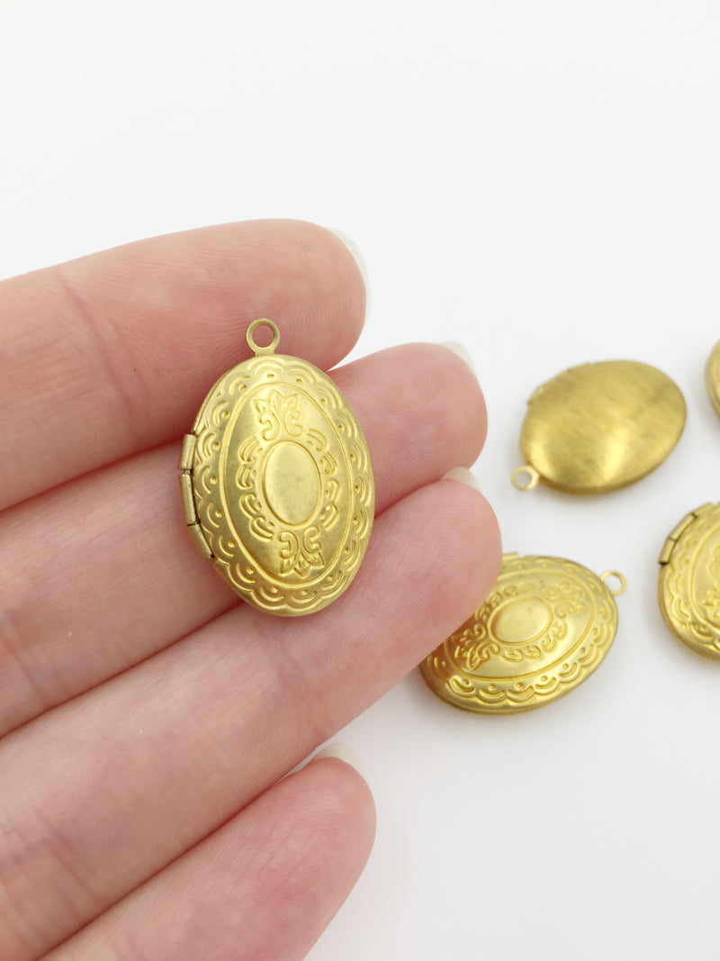 5 x Vintage Oval Locket Pendants with Embossed Pattern, 16x24mm