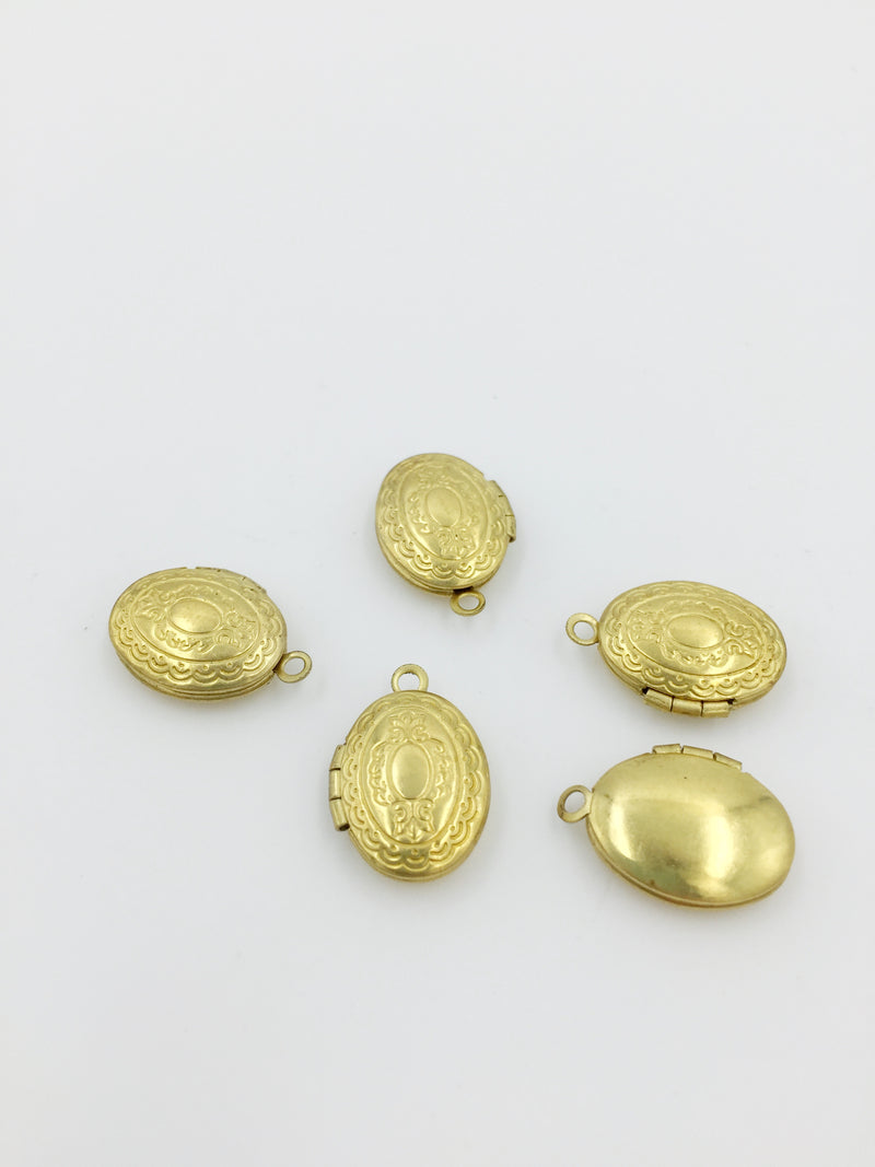 5 x Tiny Oval Brass Locket Pendants with Embossed Pattern, 16x11mm