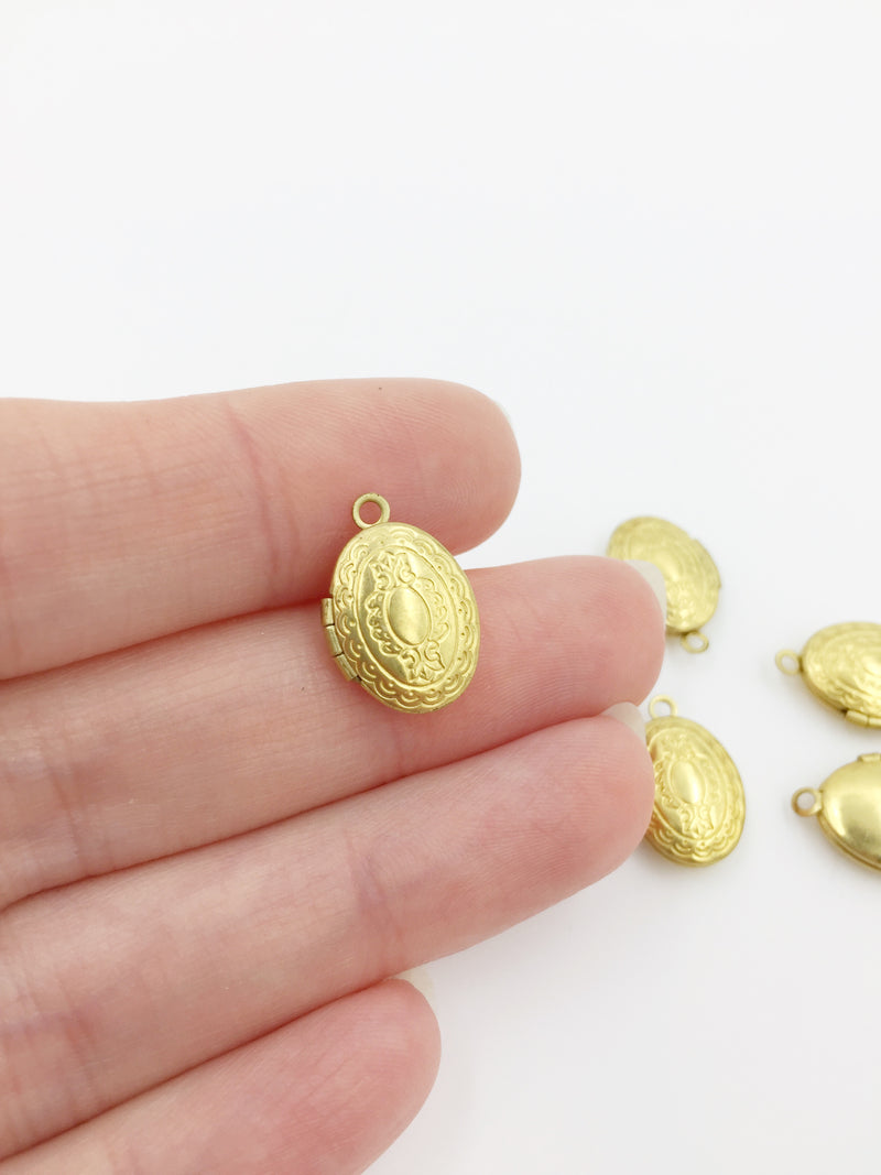 5 x Tiny Oval Brass Locket Pendants with Embossed Pattern, 16x11mm