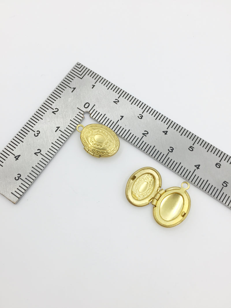 5 x Tiny Oval Brass Locket Pendants with Embossed Pattern, 16x11mm