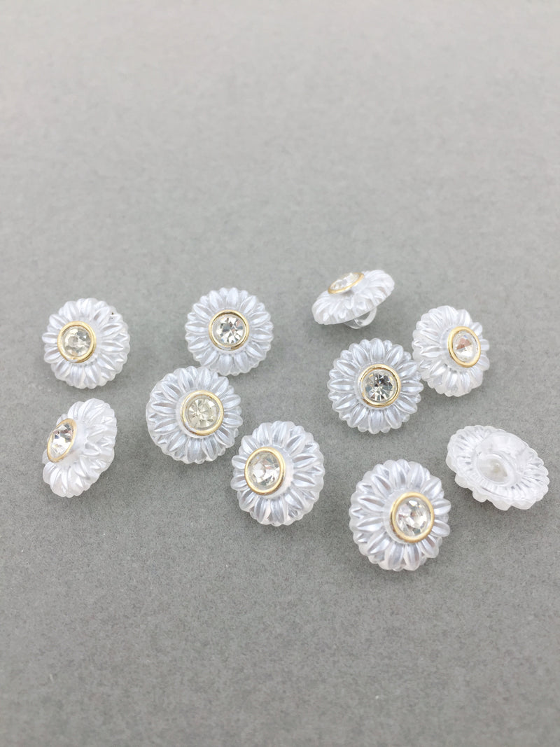 10 x Flower Shaped Resin Buttons with Rhinestone, 13mm