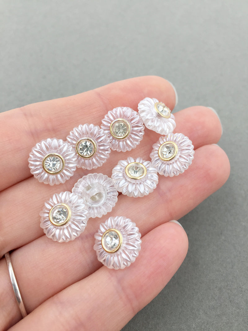 10 x Flower Shaped Resin Buttons with Rhinestone, 13mm