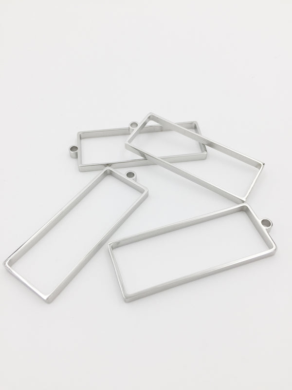 2 x Solid Stainless Steel Rectangular Bezel Frame Pendants, 47x16.5mm