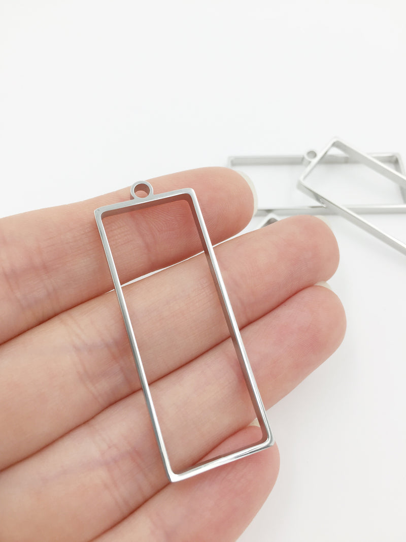 2 x Solid Stainless Steel Rectangular Bezel Frame Pendants, 47x16.5mm