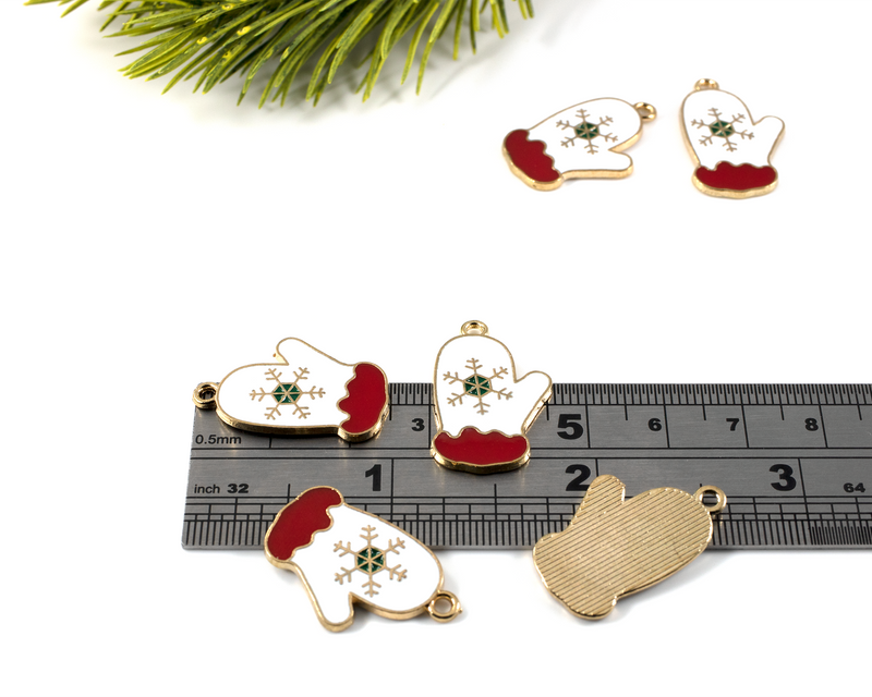 10 x Christmas Santa's Mitten Charms, Gold Base (2895)