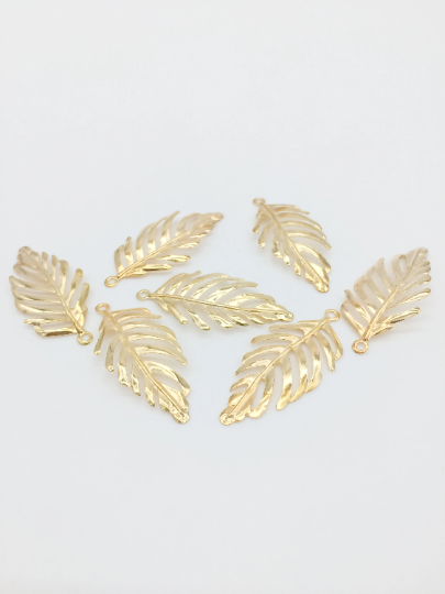 6 x Champagne Gold Tone Bendable Leaf Pendants, 40x18mm (1523)