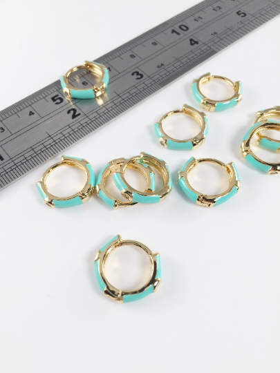 1 pair x Mint Green Enamel Hoop Earrings with Cubic Zirconia, 16mm (2210)