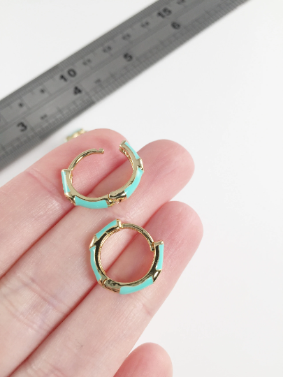 1 pair x Mint Green Enamel Hoop Earrings with Cubic Zirconia, 16mm (2210)