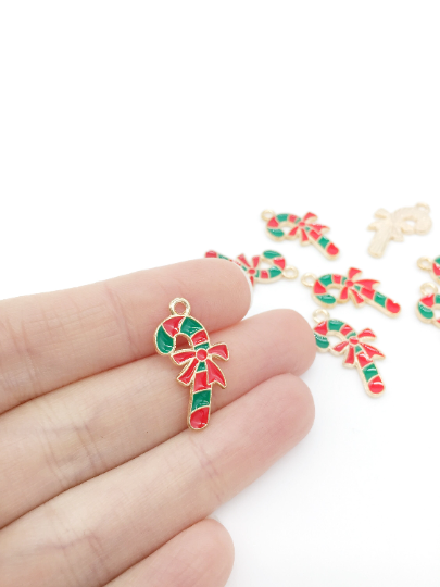 6 x Enamelled Gold Candy Cane Charms, 23x13mm (2752)