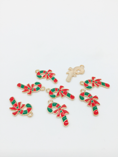 6 x Enamelled Gold Candy Cane Charms, 23x13mm (2752)