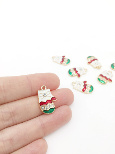 4 x Gold Enamelled Santa's Mitten Charms, 20x14mm (2755)