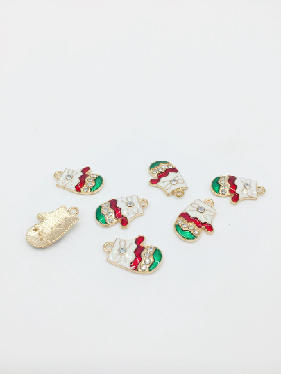 4 x Gold Enamelled Santa's Mitten Charms, 20x14mm (2755)