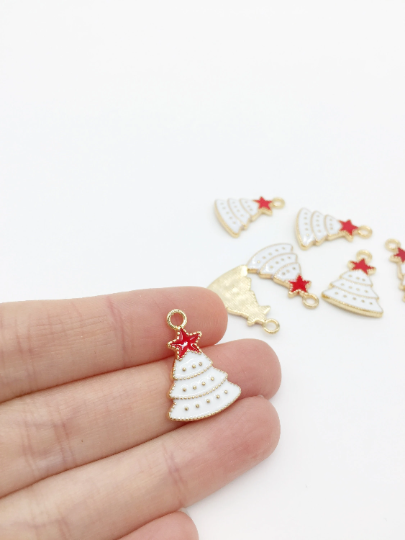 6 x Gold Enamelled Christmas Tree Charms, 23x16mm (2756)