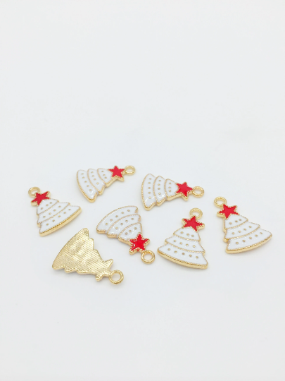 6 x Gold Enamelled Christmas Tree Charms, 23x16mm (2756)