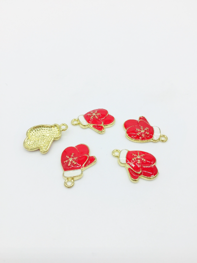 4 x Gold Red Enamel Santa's Mittens Charms, 21x15mm (2758)