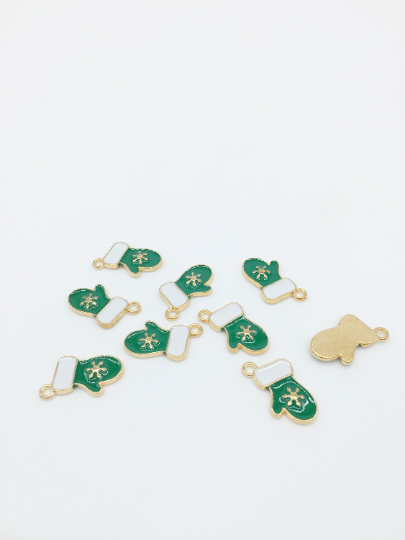 6 x Enamelled Santa's Helper Mittens Charms, 19x11mm (2759)