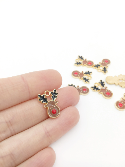 6 x Enamelled Reindeer Head Charms, 17x12mm (2761)