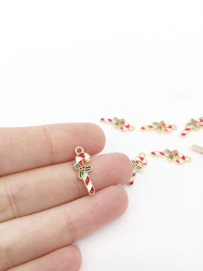 6 x Enamelled Candy Cane Charms, 19x8mm (2762)