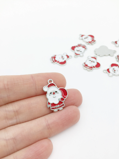 6 x Silver Tone Enamelled Santa Claus Charms, 23x17mm (2766)