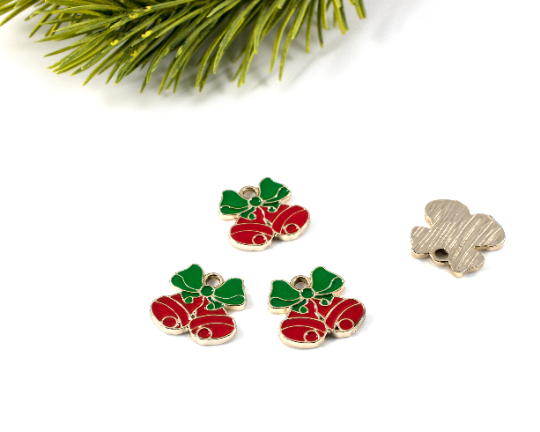 4 x Enamelled Christmas Bells Charms in Gold, 15x15.5mm