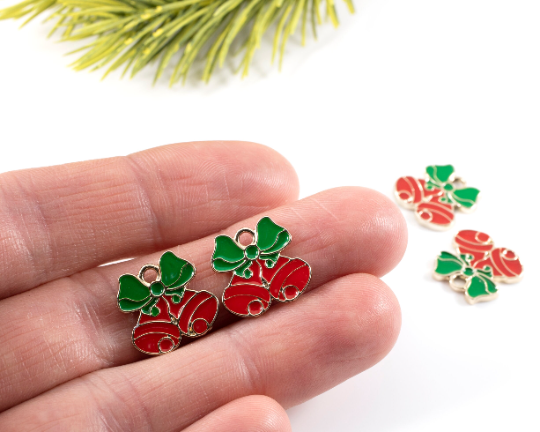 4 x Enamelled Christmas Bells Charms in Gold, 15x15.5mm