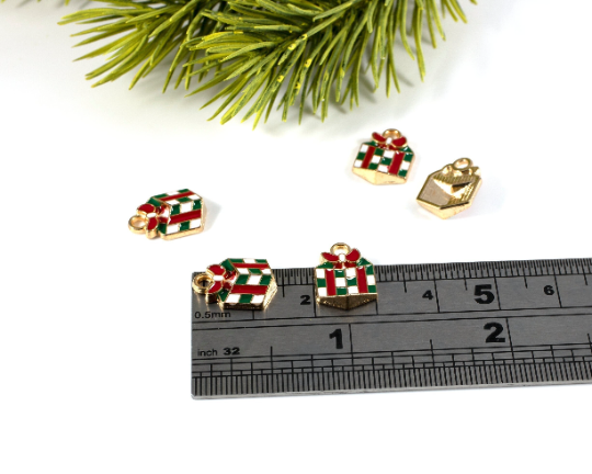 4 x Enamelled Christmas Present Charms in Gold, 14x10mm