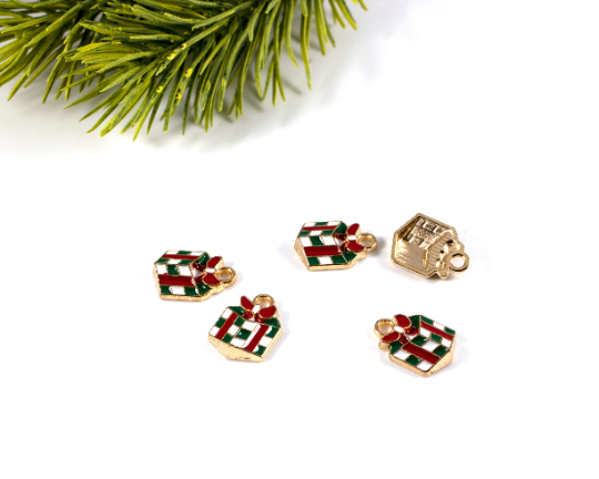 4 x Enamelled Christmas Present Charms in Gold, 14x10mm