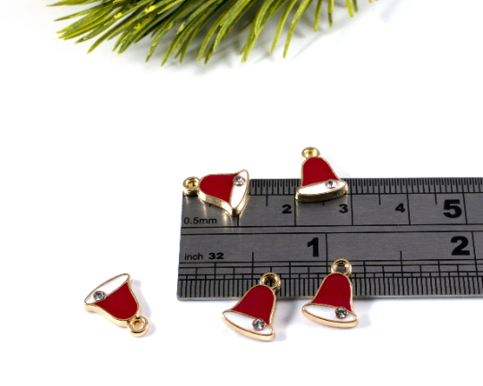 6 x Enamelled Christmas Bell Charms in Gold, 12x9mm