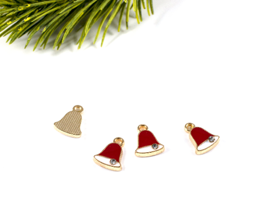 6 x Enamelled Christmas Bell Charms in Gold, 12x9mm