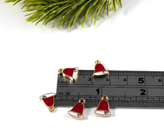 6 x Enamelled Christmas Bell Charms in Gold, 12x9mm